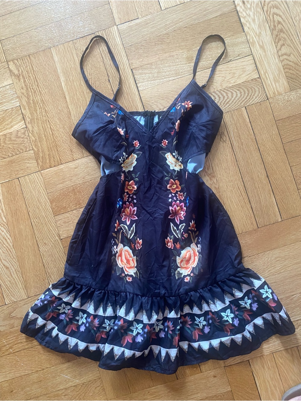 Navy Floral Embroidered Mini Slip Dress